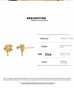Detailed spec sheet showing S925 silver Saturn stud earrings with prehnite stones