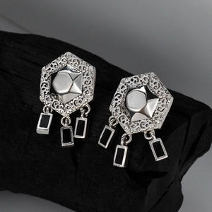 925 Sterling Silver Vintage Ethnic Hexagon Stud Earrings For Women Hollow Filigree Geometric Black Enamel Tassel Earrings