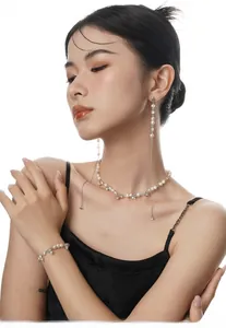 Close-up of elegant S925 silver long tassel earrings and pearl jewelry set on a model