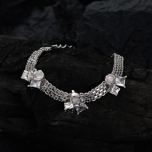 Handmade S925 sterling silver multilayer chain bracelet with zircon and moonstone accents