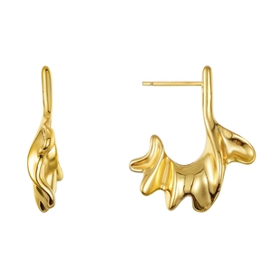 Irregular molten C-shape gold earrings in polished S925 sterling silver minimalist style