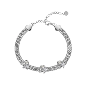 Handcrafted S925 sterling silver mesh bracelet with pearls and square zircon crystals