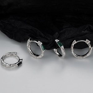 S925 sterling silver hoop earrings with irregular texture and green gemstone insets