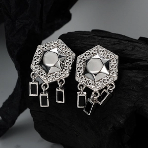 Ethnic S925 sterling silver hexagram drop earrings with tassels and vintage hollow patterns