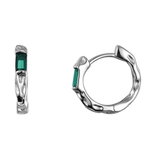 S925 sterling silver hoop earrings with textured finish and rectangular green gemstone