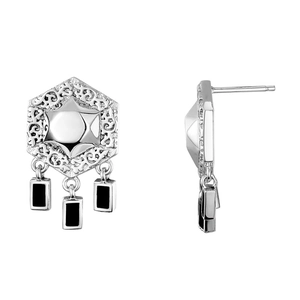 Ethnic S925 sterling silver hexagram stud earrings with retro pattern and black tassels