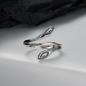925 Sterling Silver Ice Blue Enamel Snake Ring For Women Minimalist Adjustable Open Ring Rhinestone Inlaid Fashion Jewelry
