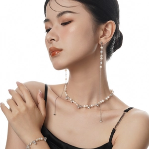 Elegant S925 sterling silver baroque pearl jewelry set with tassel earrings on model