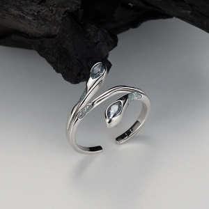 S925 sterling silver open ring with ice blue glaze snake design and textured finish