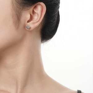 S925 sterling silver planet earrings with light green gemstone worn by a model
