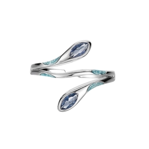 Minimalist S925 sterling silver snake-shaped ring with blue glaze and marquise gems