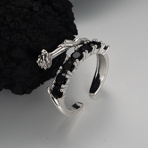 Vintage 925 Sterling Silver Rose Flower Open Ring For Women Gothic Dark Romantic Adjustable Black Zirconia Inlaid Finger Ring Jewelry