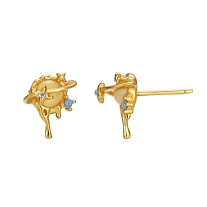 Elegant gold Saturn planet earrings with yellow cat eye stone and blue zircon accents