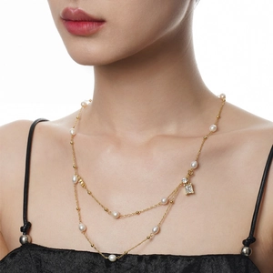 Elegant double-layered S925 silver necklace with baroque pearls and zircon crystal