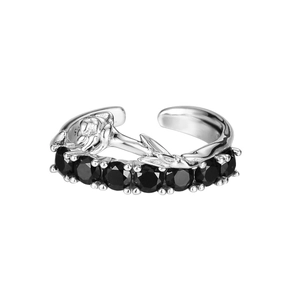 S925 sterling silver open ring with vintage rose flower and black zircon row