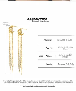 Detailed specs of long S925 silver tassel earrings with double C-shape and ball chains
