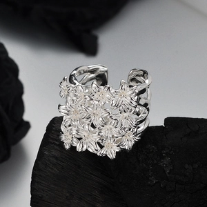 Authentisch S925 Sterlingsilber Blumenstrauß Offener Ring Für Damen Vintage Minimalistisch Breites Band Floral Verstellbarer Fingerring Schmuck