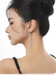 Close-up of elegant long silver tassel chain earrings worn on a model for neck accent
