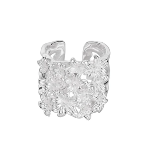 Auffälliger S925 Sterlingsilber Breitbandring mit dichten Vintage-Blumenclustern für Damen