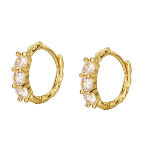 Textured gold huggie earrings with three sparkling round zircons in a 4-claw setting