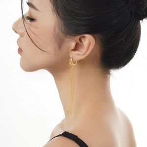 Elegant gold S925 sterling silver long tassel drop earrings on female model