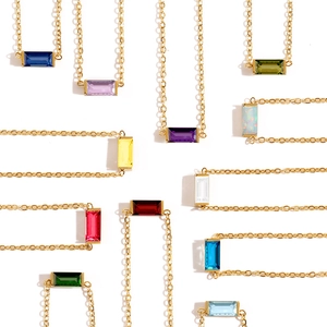 Minimalist gold necklaces with multi-color rectangular birthstone pendants in 12 colors