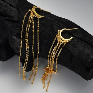 S925 sterling silver gold fringe earrings with multi-layer tassel chains and beads
