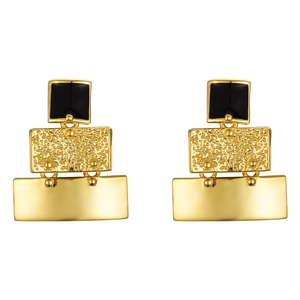 Boucles d'oreilles ethniques en argent S925 à trois couches géométriques avec émail noir et or