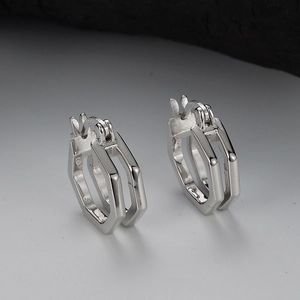 Minimalist S925 sterling silver hexagonal double-layer hoop earrings for women