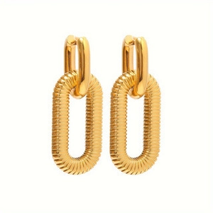 Minimalist gold plated stainless steel double link earrings with ribbed texture design