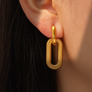 Vintage Stainless Steel Hoop Earrings For Women Minimalist Textured Oval Link Earrings Gold Silver Plated Geometric Jewelry