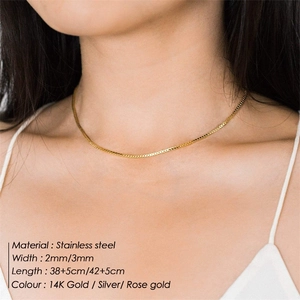 Minimalist 14K gold stainless steel box chain necklace worn by model in 2mm width