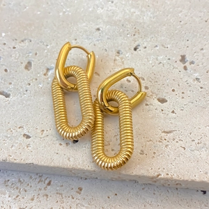 Detailed view of gold-plated stainless steel chain earrings on a beige stone base