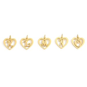 Detailed view of polished heart-shaped gold letter pendants K-O for DIY jewelry making