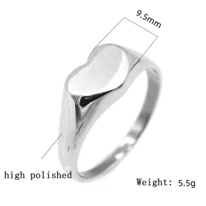 Detailed view of a 9.5mm high polished stainless steel heart signet ring weighing 5.5g