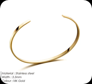 Detail view of 3.5mm minimalist 18K gold stainless steel cuff bracelet with polished finish