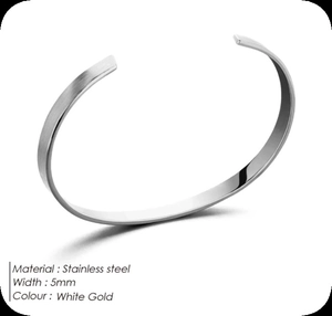 Close-up of 5mm brushed stainless steel C-shaped cuff bracelet in white gold finish