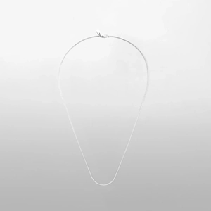 Close-up of silver snake chain necklace with lobster clasp and rectangular metal tag