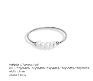 Size chart for stainless steel rings with freshwater pearl details and silver finish