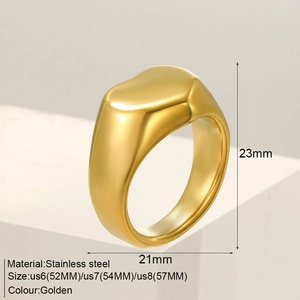 Detailed view of golden heart signet ring with US 6/7/8 size specifications chart