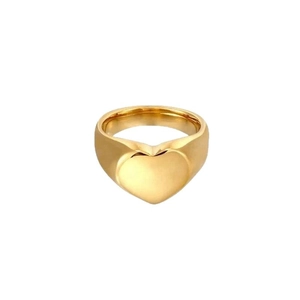 Polished minimalist gold stainless steel heart signet ring on white background