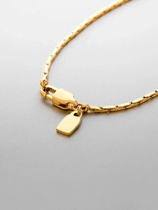 Close-up of golden flat mesh chain necklace with lobster clasp and rectangular tag