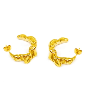 Vintage Stainless Steel C-Shaped Hoop Earrings For Women 18K Gold Plated Lightweight Wrinkled Texture Geometric Fashion Jewelry