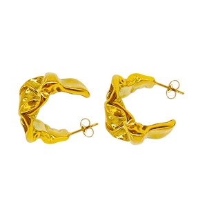 Golden C-shaped stainless steel earrings with elegant pleated texture for women