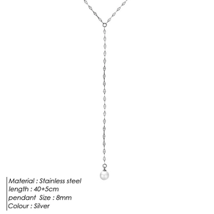 Detail of silver stainless steel Y-necklace with 8mm pearl pendant and 45cm chain
