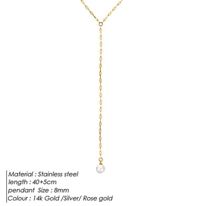 Detail of gold Y-shaped stainless steel necklace with 8mm pearl pendant and size chart