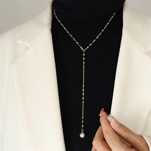 Minimalist Stainless Steel Y-Shape Necklace Imitation Artificial Pearl Pendant Geometric Leaf Chain Jewelry For Women Elegant