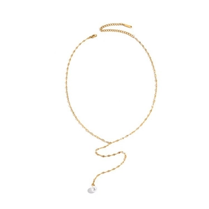 Elegant gold Y-chain pearl necklace with a polished adjustable lobster clasp on white background