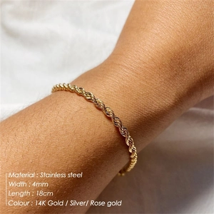 Minimalist 4mm stainless steel rope chain bracelet for women in 14K gold finish