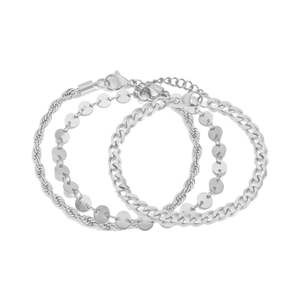 Three-piece stackable stainless steel chain bracelets featuring Cuban, rope, and sequin styles